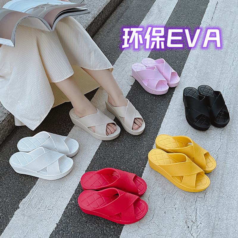 Slippers for Women to Wear Outside, Round Toe Wedge Heels, New Summer High Heels, Thick Soles, Korean Style Ins Trendy Eva One-Line Sandals