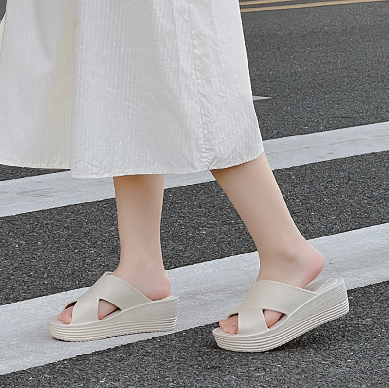 Slippers for Women to Wear Outside, Round Toe Wedge Heels, New Summer High Heels, Thick Soles, Korean Style Ins Trendy Eva One-Line Sandals