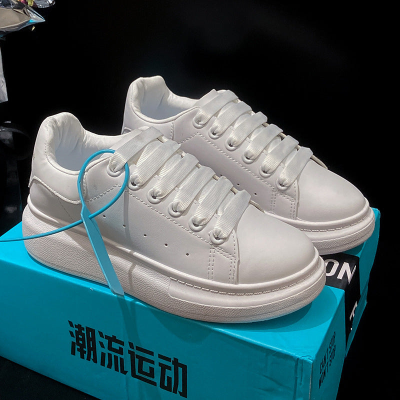 Leather Thick-Sole Couple's White Sneakers