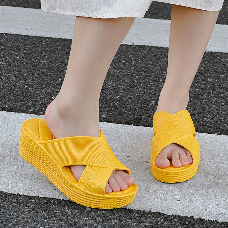 Slippers for Women to Wear Outside, Round Toe Wedge Heels, New Summer High Heels, Thick Soles, Korean Style Ins Trendy Eva One-Line Sandals