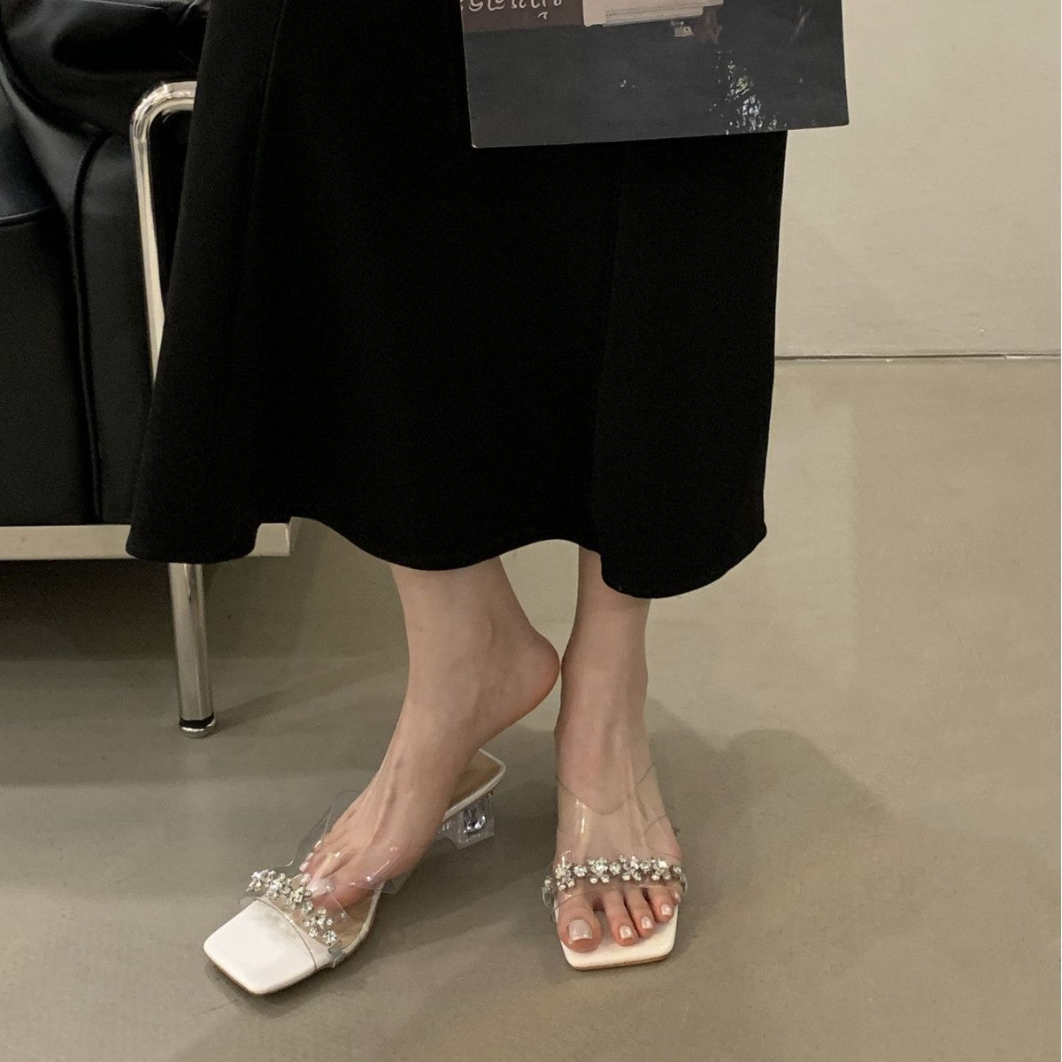 Crystal Rhinestone Clear Strap Heeled Sandals