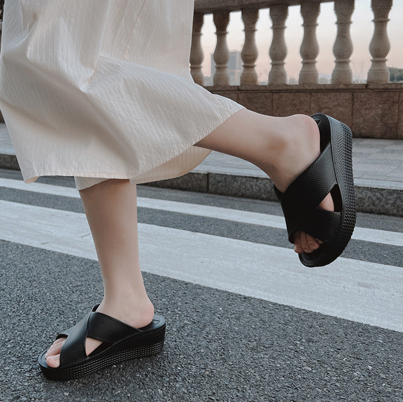 Slippers for Women to Wear Outside, Round Toe Wedge Heels, New Summer High Heels, Thick Soles, Korean Style Ins Trendy Eva One-Line Sandals