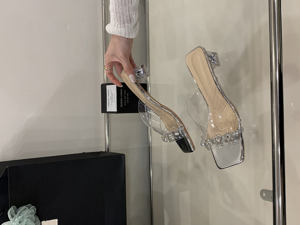 Crystal Rhinestone Clear Strap Heeled Sandals