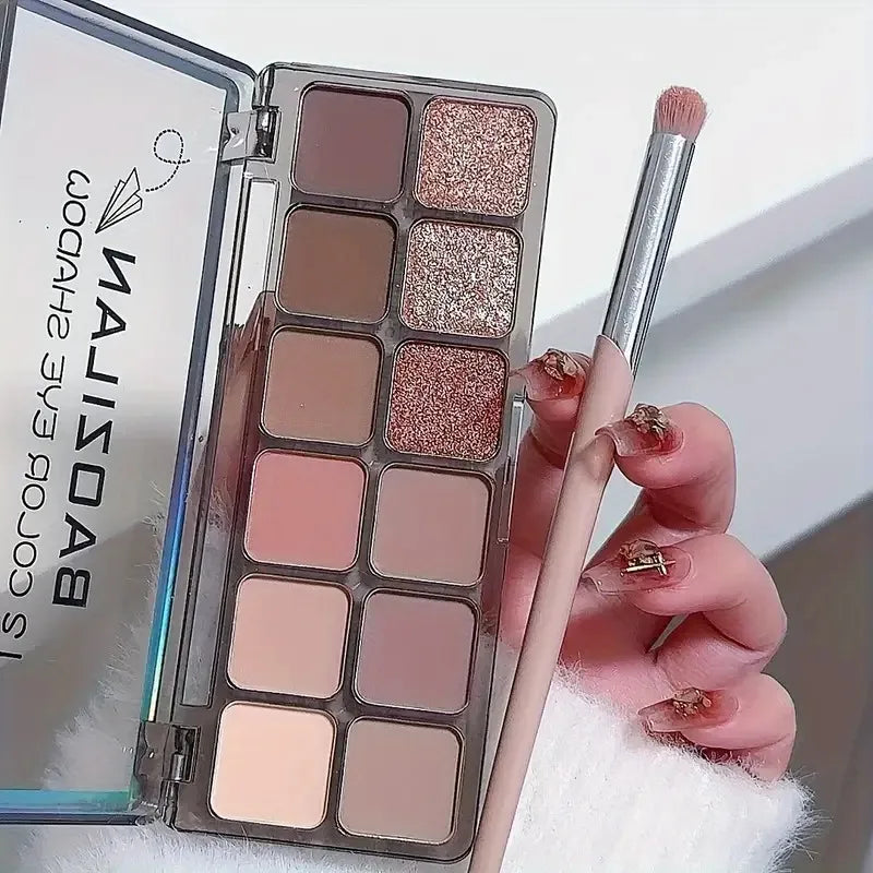 12-Shade Earthy Eyeshadow Palette — Warm Tones with Shimmer Finish