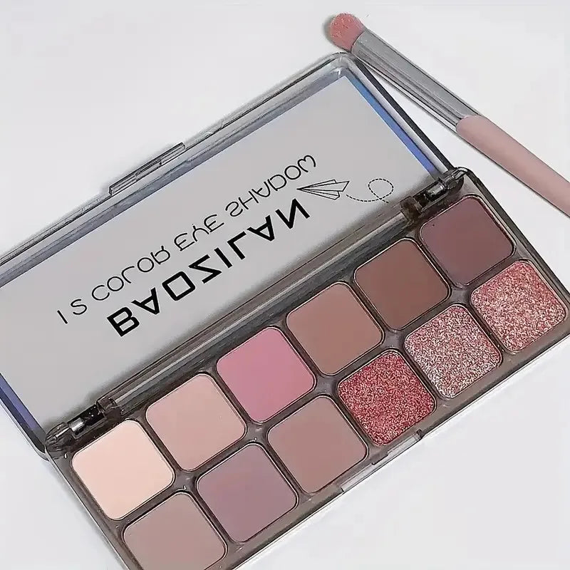 12-Shade Earthy Eyeshadow Palette — Warm Tones with Shimmer Finish