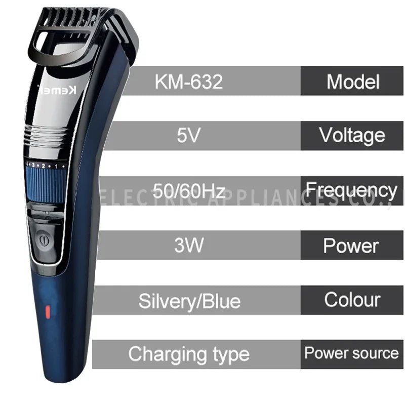 Kemei 632 Rechargeable Hair & Beard Trimmer — Adjustable 0.5–10mm, Wet & Dry