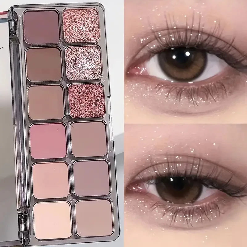 12-Shade Earthy Eyeshadow Palette — Warm Tones with Shimmer Finish